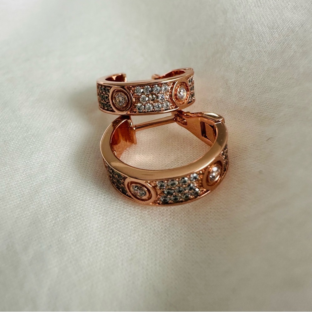Love Earrings Sterling Silver 925 Simulated Diamond Pave 18k Rose Gold Overlay - Picture 11 of 11